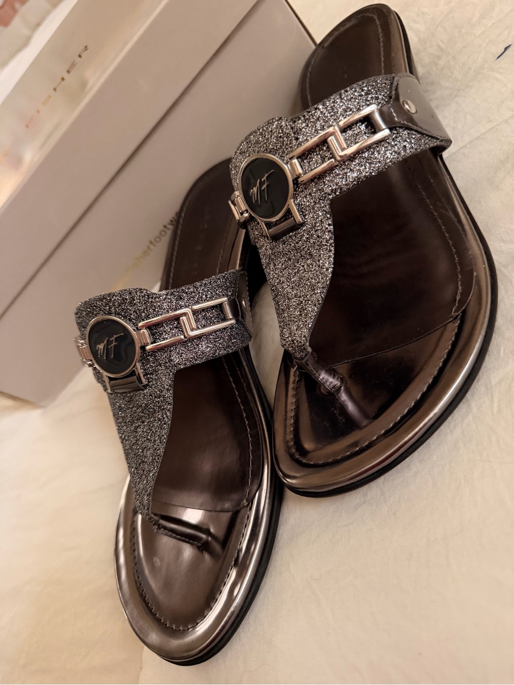 Marc Fisher Silver Glitter T-Strap Sandals